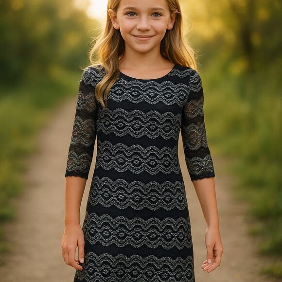 GB Girls Dress Size Large Black Gold Lace Fitted Visible Zip NEW - Picture 2 of 6